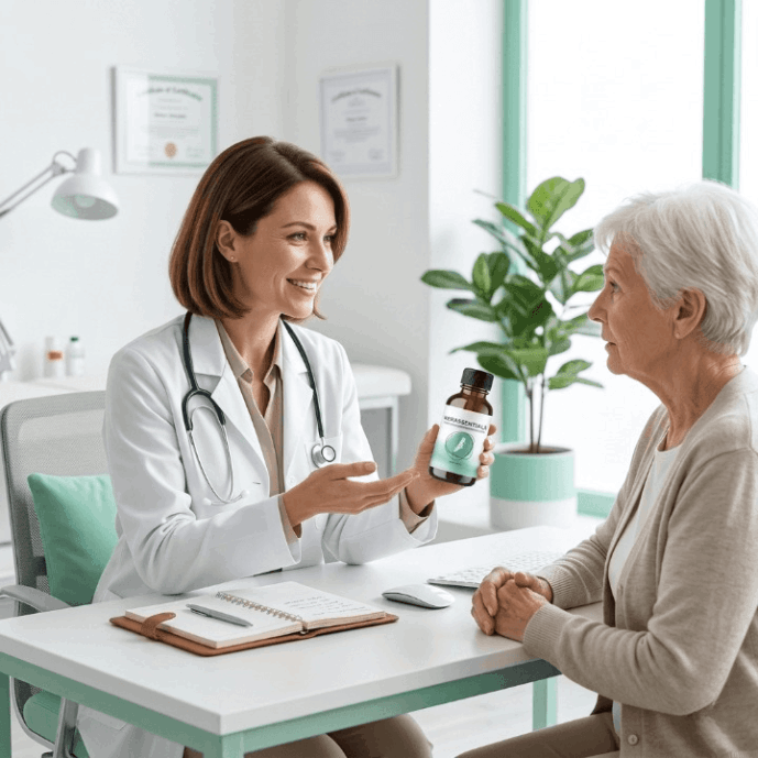 lady doctor holding bottle of Kerassentials